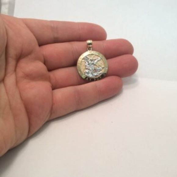 10K YELLOW REAL SOLID GOLD MEDALLION PENDANT SAINT MICHAEL PRAY FOR US 3.40 GR - Picture 6 of 8